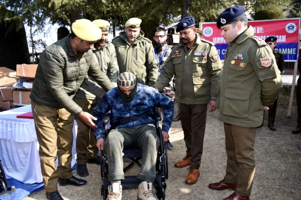 Mobility aids and sports equipment distributed under the Civic Action Programme of J&K Police