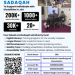 A Ramadhan 2026 fundraiser poster for the Jammu and Kashmir Handicapped Association. It features the organization’s logo and a serene Ramadhan theme. The text highlights donation options for Zakat, Sadaqah, and Fitrana to support programs like Langar Khana, digital literacy for the visually impaired, and mobility tools like wheelchairs. It includes a note about 80G tax benefits and contact details for donations.